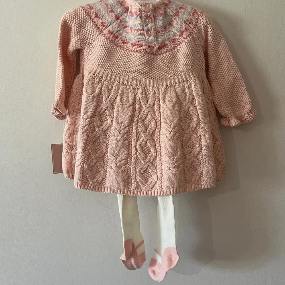 Pink and Green Knit Baby Dresses with Tights Bundle - Picture 3 of 8